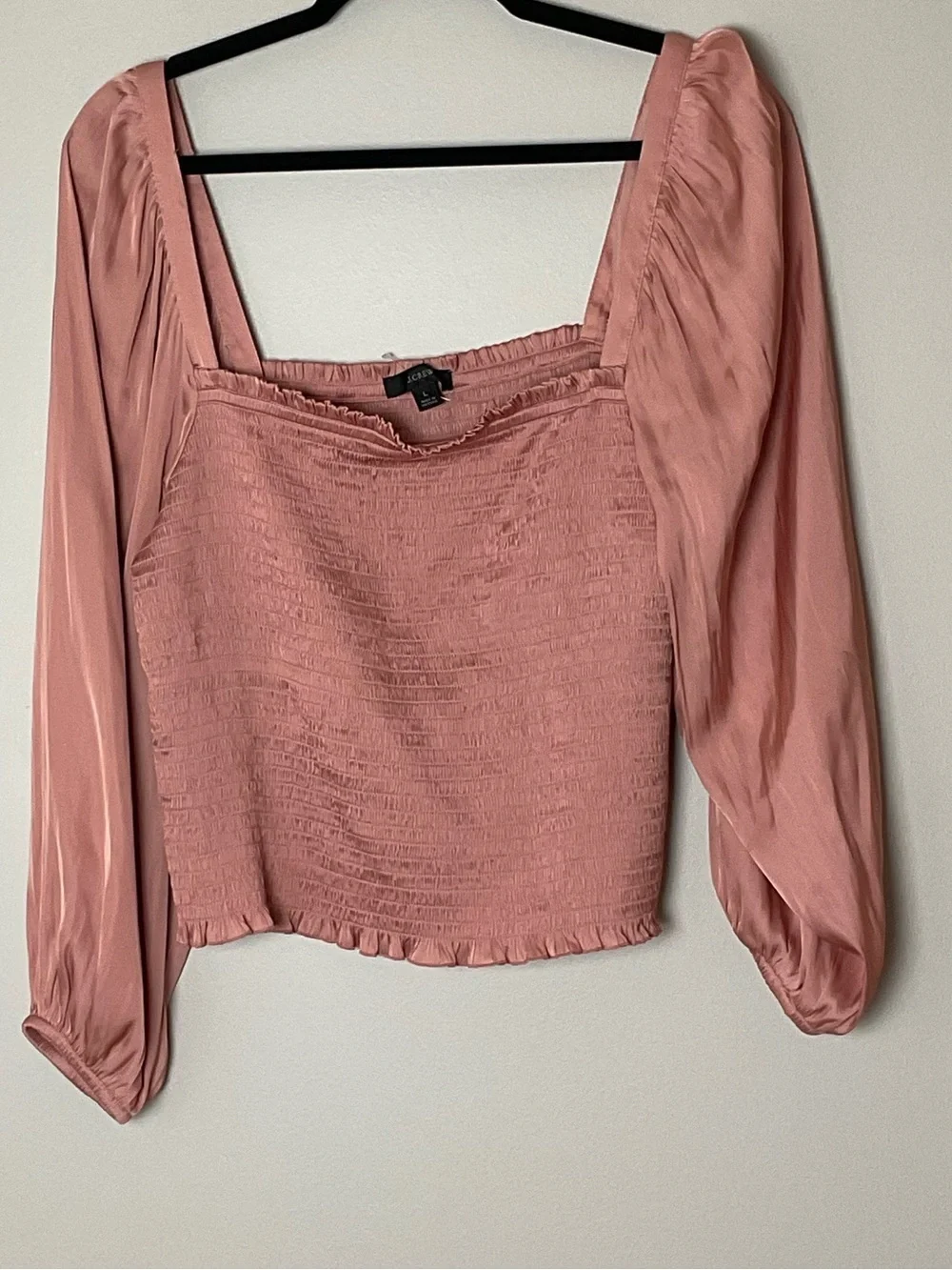 J. Crew Rose Pink Smocked Squareneck Satin Long Sleeve Cropped Top Large